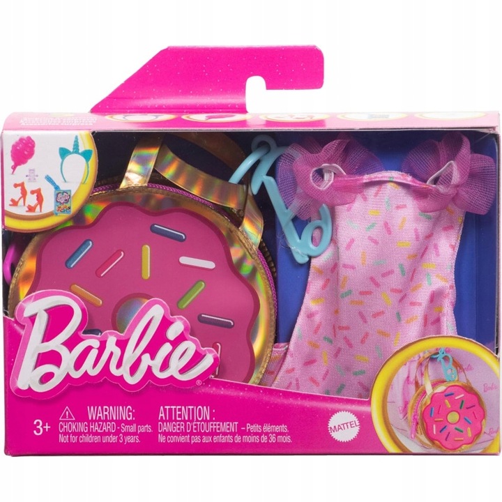 Set accesorii pentru papusi Barbie, Mattel, rochie pastel, 5 accesorii, multicolor