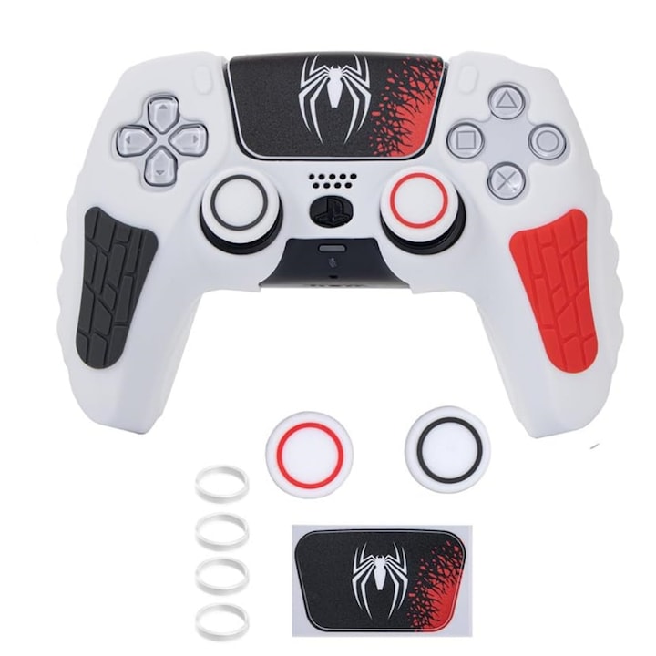 PS5 szilikon tok, Pókember témájú, csúszásgátló kialakítás, 2 joystick sapkát és 4 joystick védőt tartalmazó szett, fehér