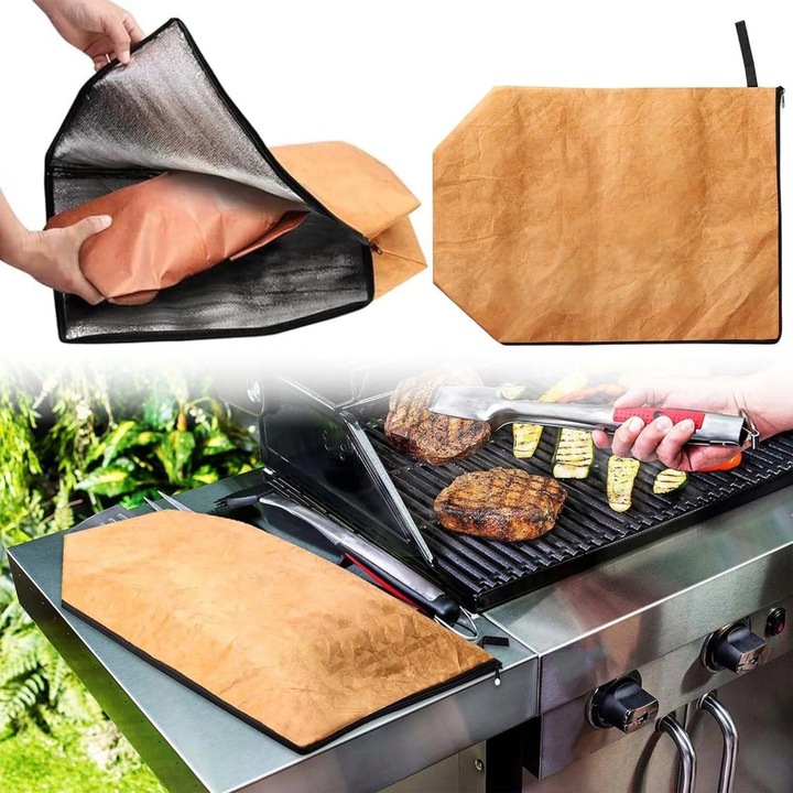 Patura BBQ pentru odihna carnii, set, reutilizabil, cu fermoar, material rezistent, maro