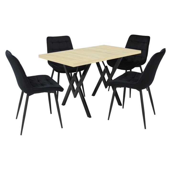 Set masa fixa Arta Stejar cu 4 scaune Onix Negru, picioare negre, tapiterie din material textil, dreptunghiulara, blat din PAL laminat, 120x70x75 cm