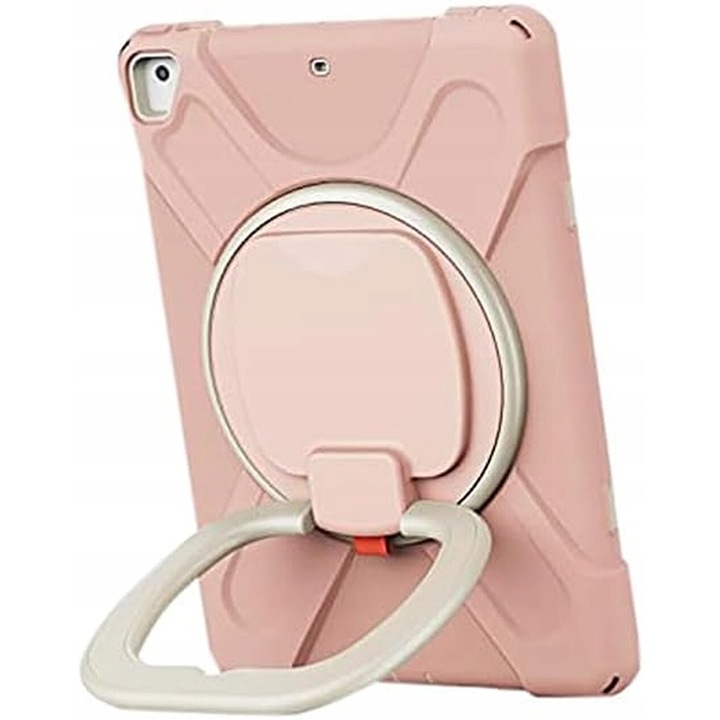 Husa tableta iPad 6/Air 2, roz, cu suport si curea reglabila, constructie tripla