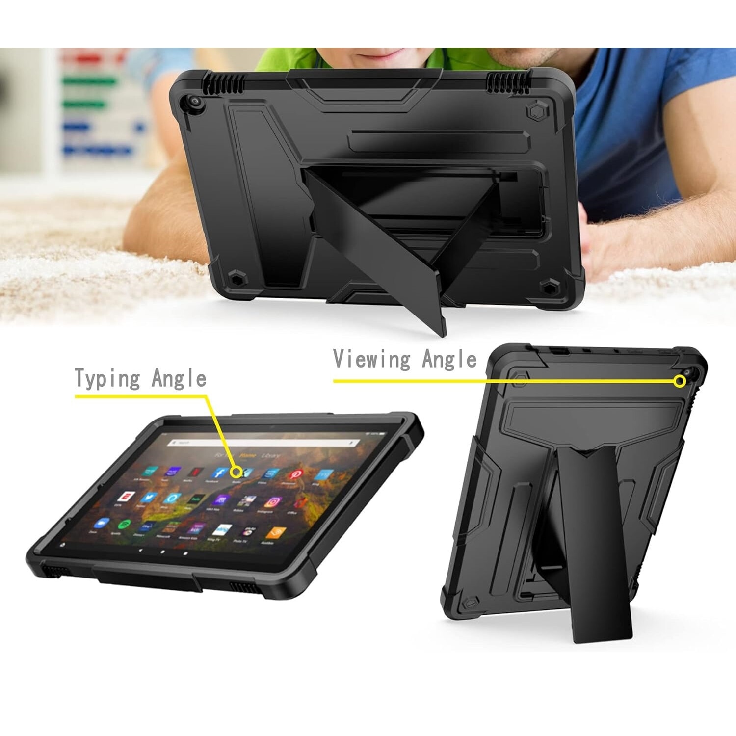 Husa pentru tableta cu suport, compatibil cu Amazon Fire HD 10, silicon, plastic, negru