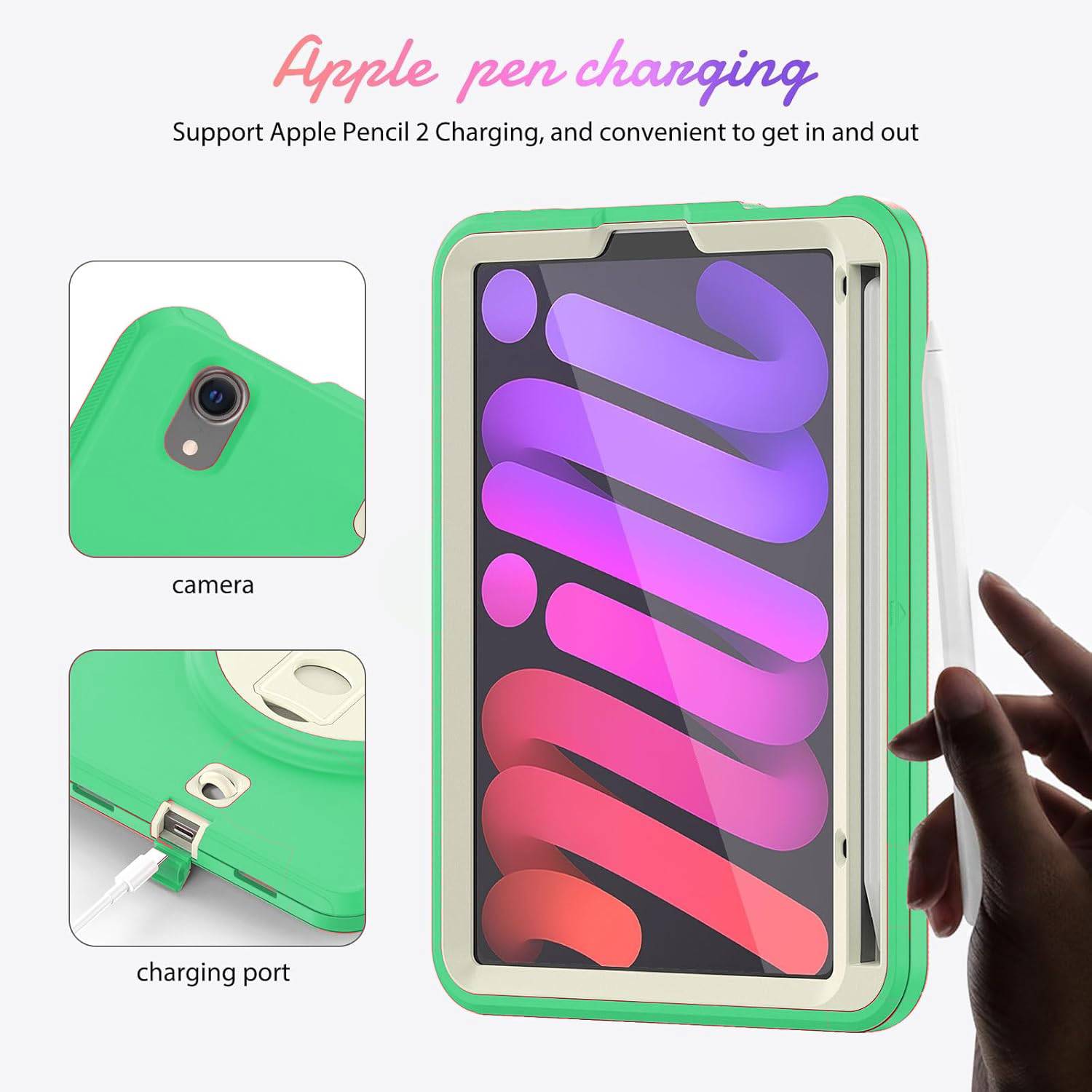 Husa pentru iPad Mini 6 8.3", verde, cu suport si curea reglabila, trei straturi de protectie