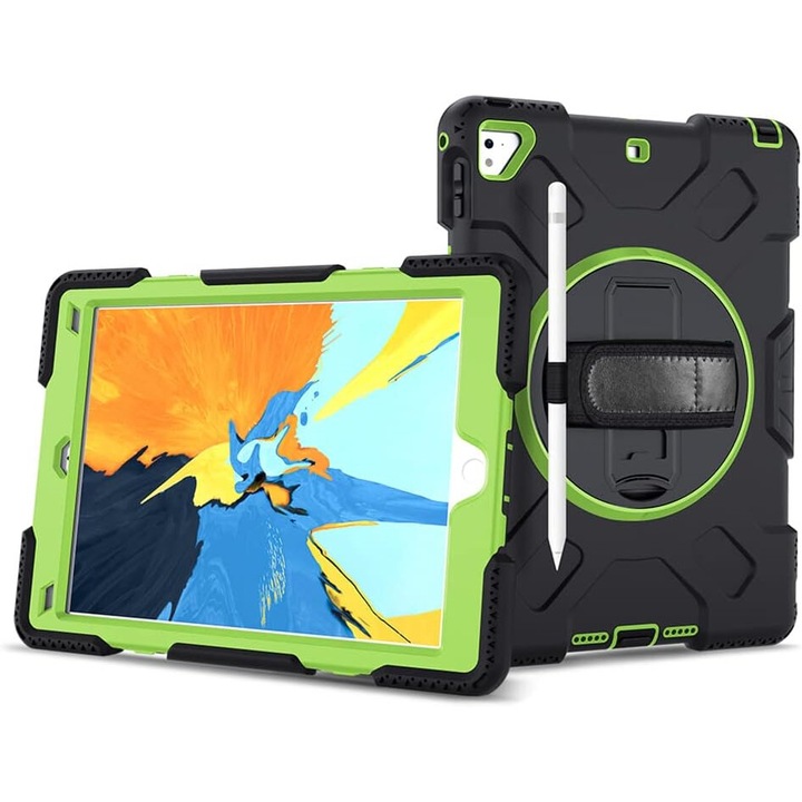 Husa tableta Pancerne cu suport rotativ, 10.2", neagra, trei straturi, protectie completa