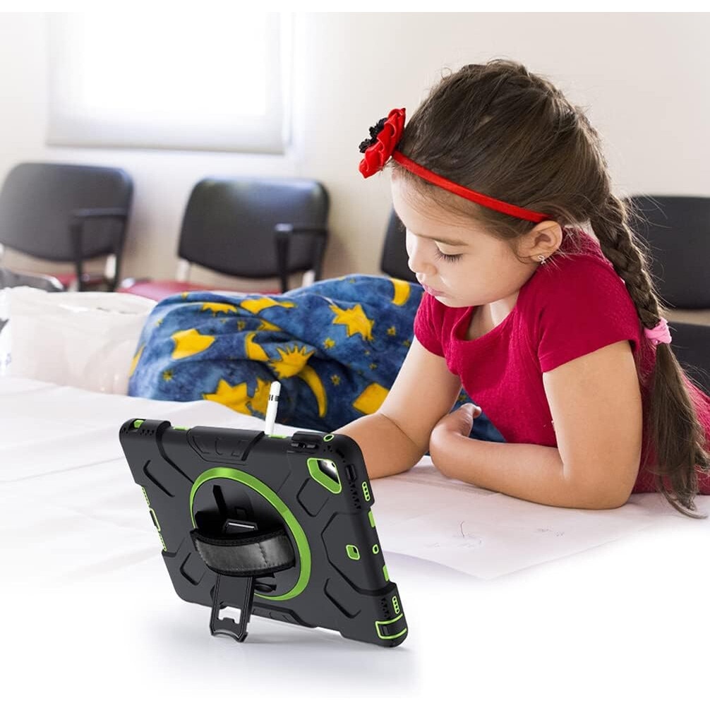 Husa tableta Pancerne cu suport rotativ, 10.2", neagra, trei straturi, protectie completa