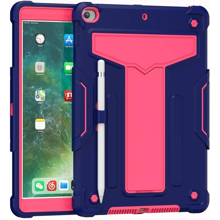 Husa pentru iPad 10.2" cu suport si loc pentru rand, roz, trei piese