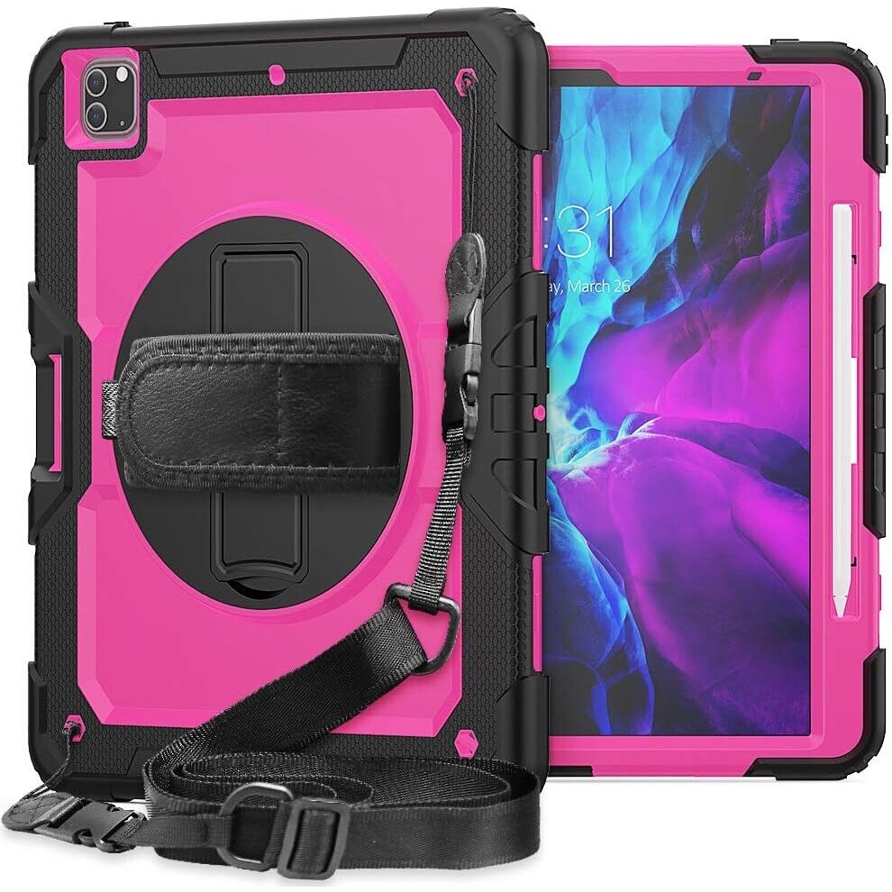 Husa pentru iPad Pro 12.9" cu suport si curea, roz, trei straturi de protectie
