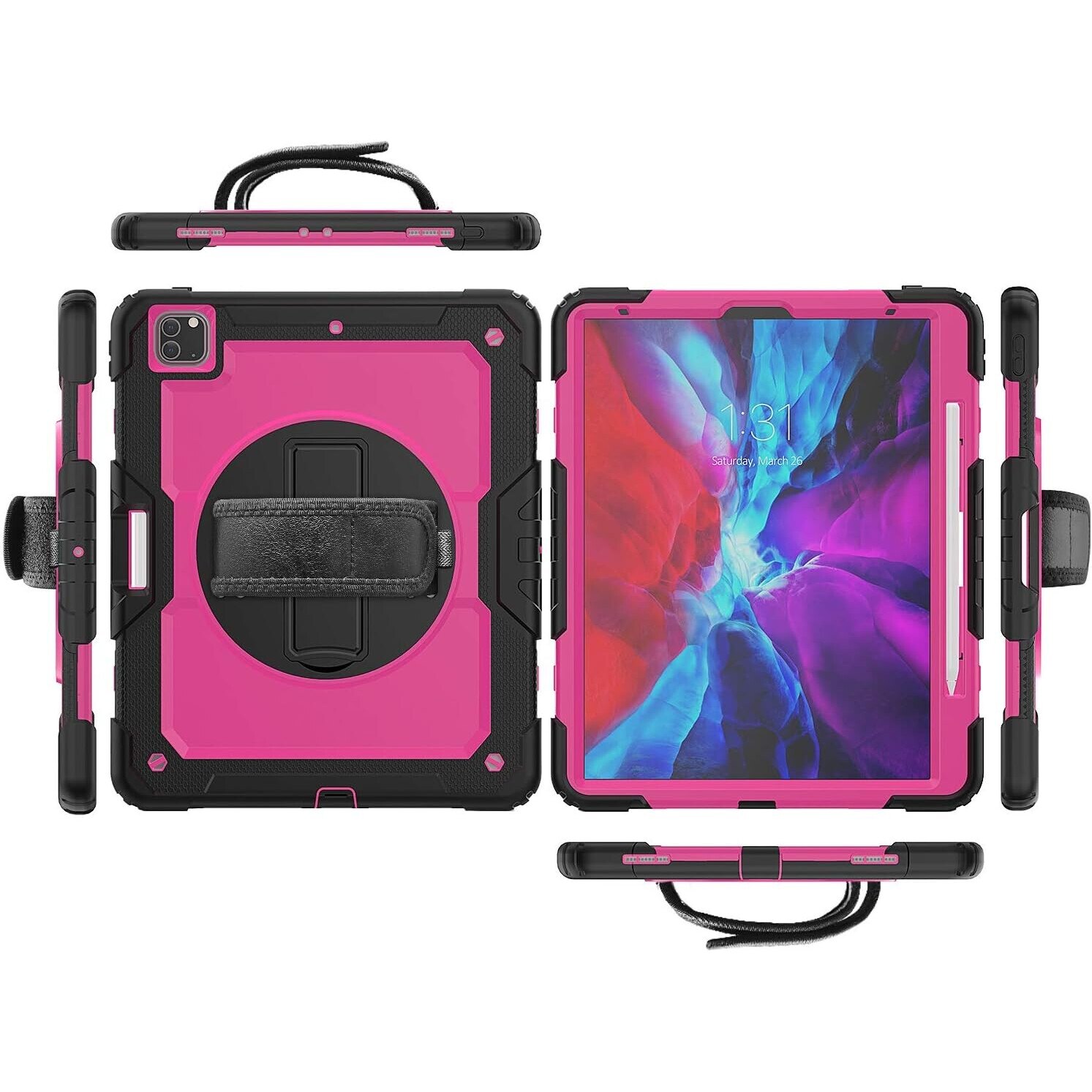 Husa pentru iPad Pro 12.9" cu suport si curea, roz, trei straturi de protectie