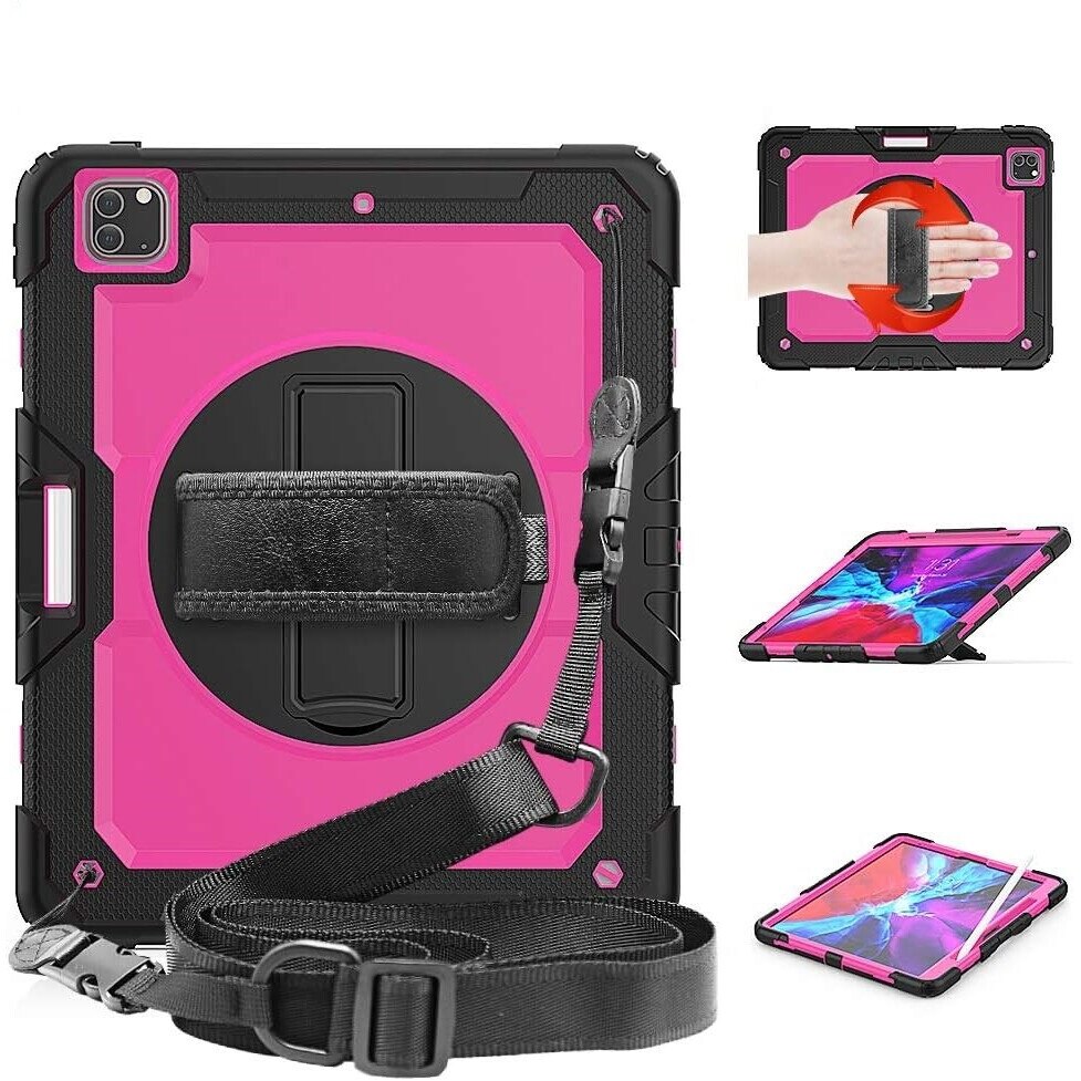 Husa pentru iPad Pro 12.9" cu suport si curea, roz, trei straturi de protectie