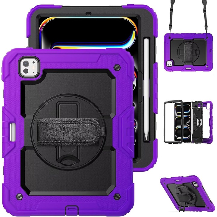 Husa tableta iPad Pro 12.9" set, violet, trei straturi, suport rotativ 360°