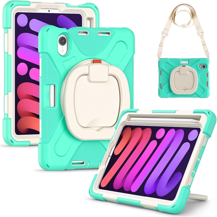 Husa pentru iPad Mini 6 8.3", 3 straturi, suport rotativ, cu curea ajustabila