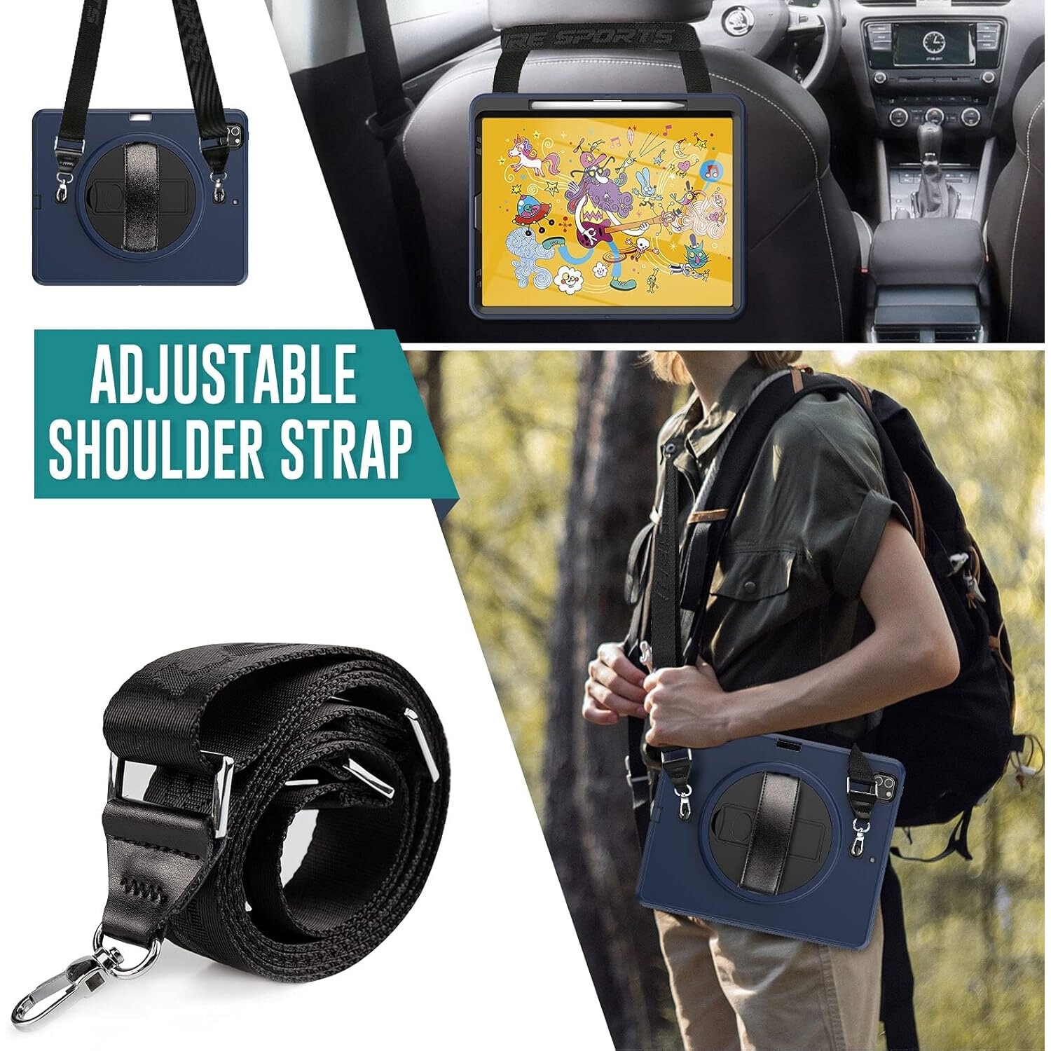 Husa tableta iPad Pro 12.9", 3 straturi, suport rotativ, culoare granat, cu curea ajustabila