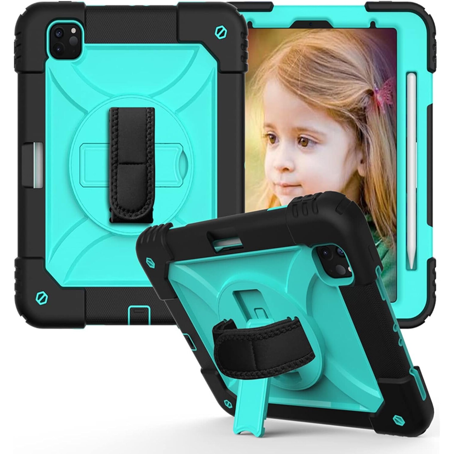 Husa tableta cu suport si curea, pentru iPad Pro 11/Air 5/4, turcoaz/negru