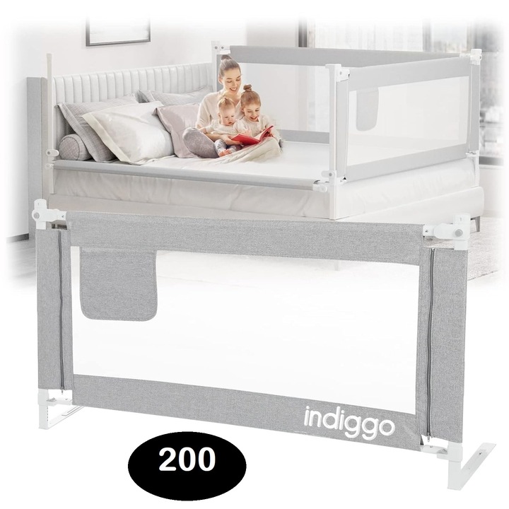 Bariera de Protectie pentru Pat KiddoLock™ 200 cm, Model Interconectabil, Culisanta, Inaltime Ajustabila 68-96 cm, Multi Compatibil, Plasa Respirabila, Margini Captusite, Mecanism Blocare, Husa Detasabila cu Fermoar, Buzunar Depozitare, Non-Toxic, Gri