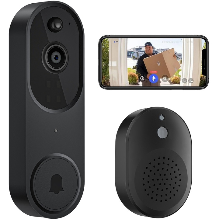 Sonerie inteligenta video, 1080P, conexiune WiFi 2.4GHz, comunicare audio bidirectionala, vedere nocturna, recunoastere AI a persoanelor, stocare in cloud 30 zile, 137x45x34 mm, Negru