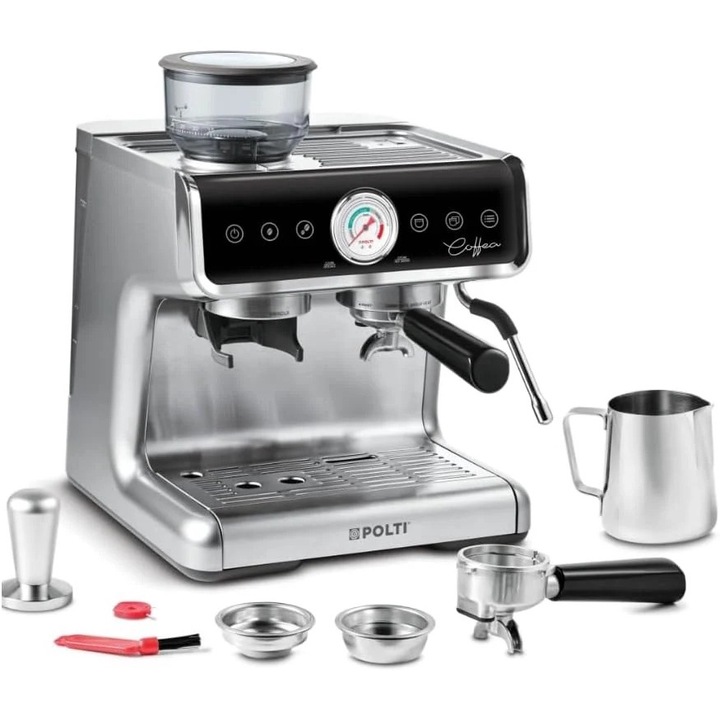 Espressor profesional manual cu rasnita de cafea, Polti Coffea G50S, 2,8l, 1550W,15 bar, pentru espresso si cappuccino