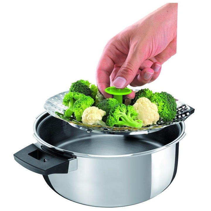 Sita pentru gatit la aburi 2in1 Kuhn Rikon, Stackable, Ø 14-22 cm, pliabila, calitate premium, manere ergonomice, otel inoxidabil, compatibila cu toate vasele, lavabila in masina de spalat vase, inox