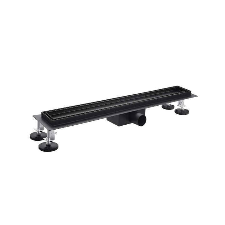 Rigola de dus Kruger, Inox, Ø 40 mm, L 400 mm, Reversabila, Cu sifon de scurgere, Sita detasabila, Picioare reglabile, Membrana impermeabila, Rezistenta la coroziune si temperatura, Negru-Mat