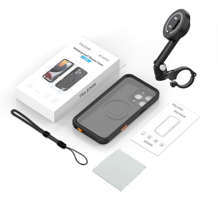 Motorkerékpár kormányra szerelhető telefonrögzítő rendszer vízálló tokkal, TELESIN, kompatibilis iPhone 16 Pro Max készülékkel, mágneses zárral és biztonsággal, fekete