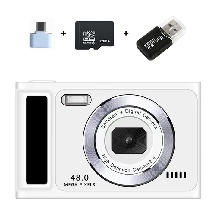 Digitális fényképezőgép, 2,4" HD IPS képernyő, 8x zoom, 32G memóriakártya, beépített zene és játékok, több szűrő, 48 MP, kettős első és hátsó kamera, 400 nah-s akkumulátor, fehér