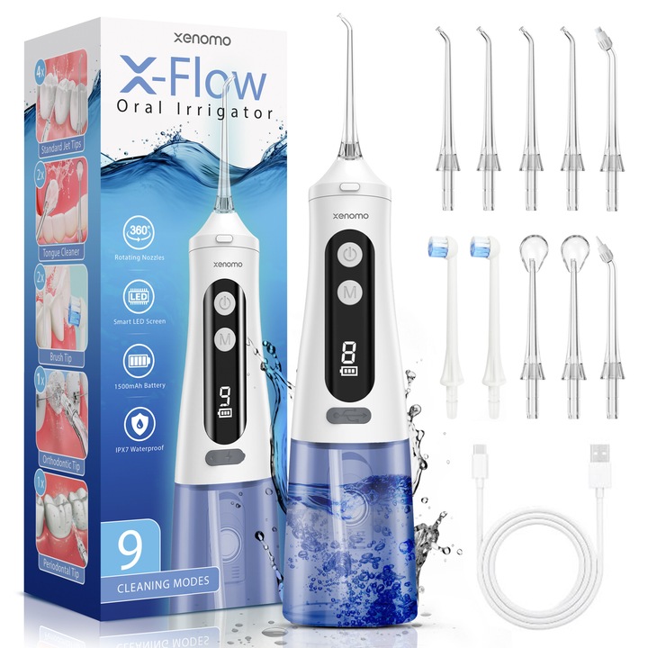 Xenomo X-FLOW professzionális szájzuhany, hordozható, 9 nyomásszint, DIY üzemmód, 350 ml-es tartály, digitális kijelző, IPX7, túlmelegedés elleni védelem, USB-C, 10 tisztító fúvóka, fehér kék