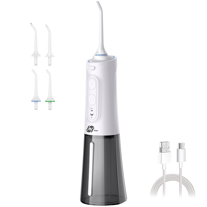 JFlow professzionális hordozható szájzuhany, 6 munkaprogram, intelligens tisztítási technológia, 1800 impulzus/perc, 7 fej, 230 ml-es tartály, IPX7 vízálló, fehér