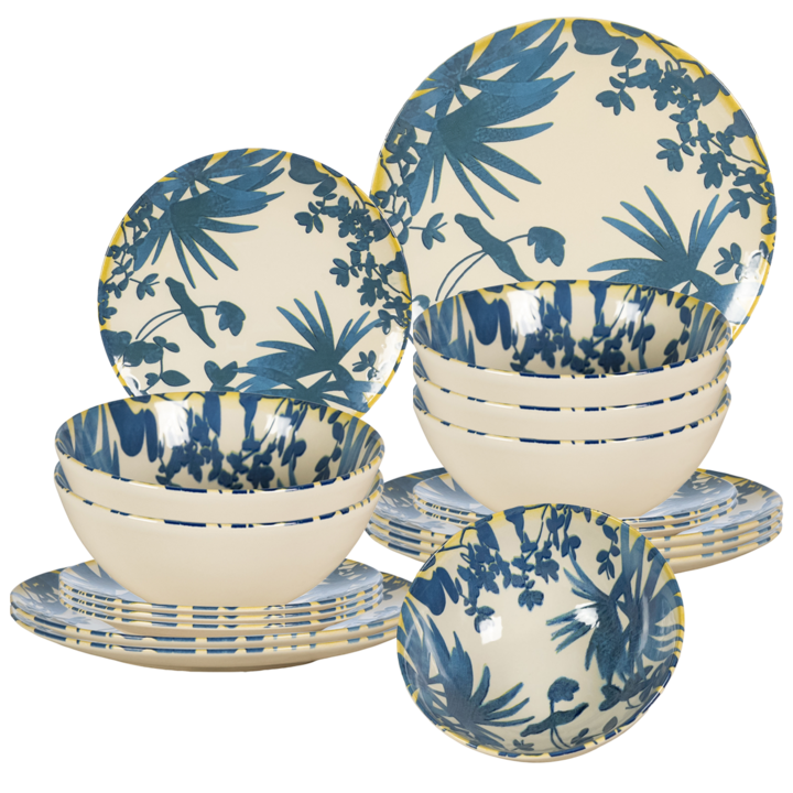 Set farfurii, 18 piese, 6 persoane, Ivoire decorat cu frunze albastre