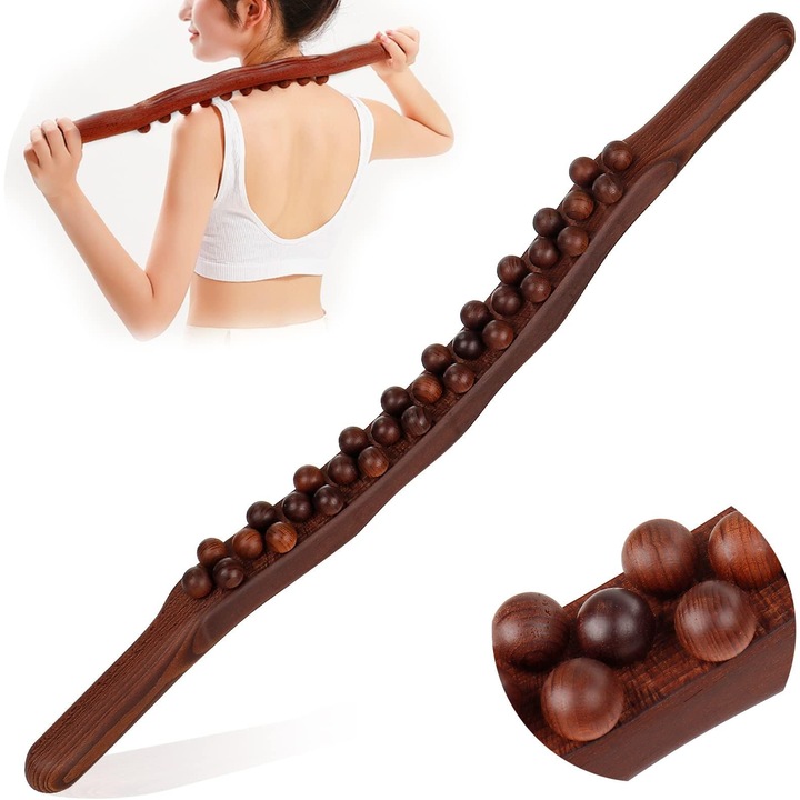 Baston de masaj din lemn Gua Sha, 31 bile, Forma curbata, Fimensiuni 58.5x3.6cm, pentru Masaj si drenaj limfatic