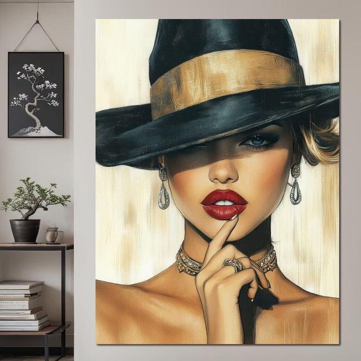 Първокласна картина на платно, LuxCanva® G1044, Glamour and Attitude, 45 X 60 CM, 100% памучно платно 400g/m2, дървена рамка, съблазнителна, очарователна, неустоима, шапка, мода, мода, бижута, всекидневна, спалня