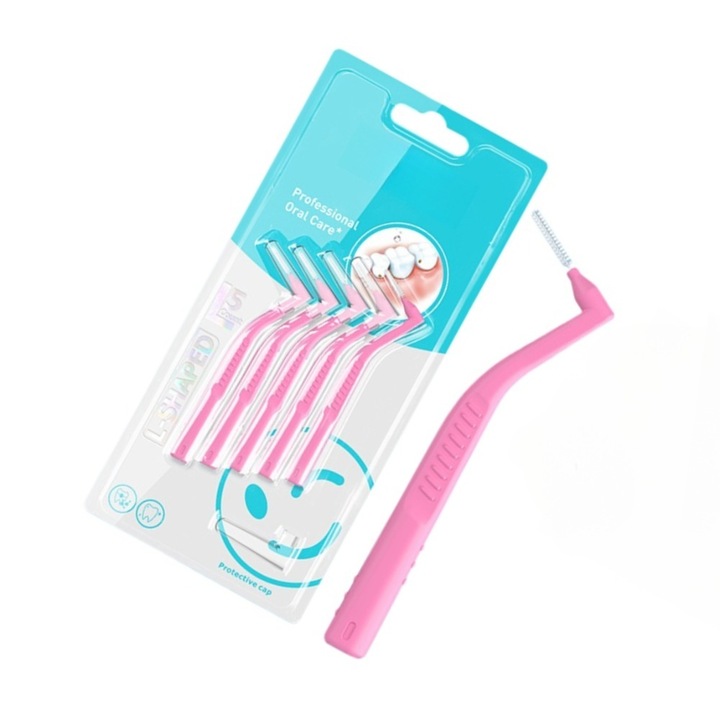 Perii interdentare - 5 bucati, Peri din nylon, curatare dubla, maner anti-alunecare, reutilizabil, 0.6mm, roz