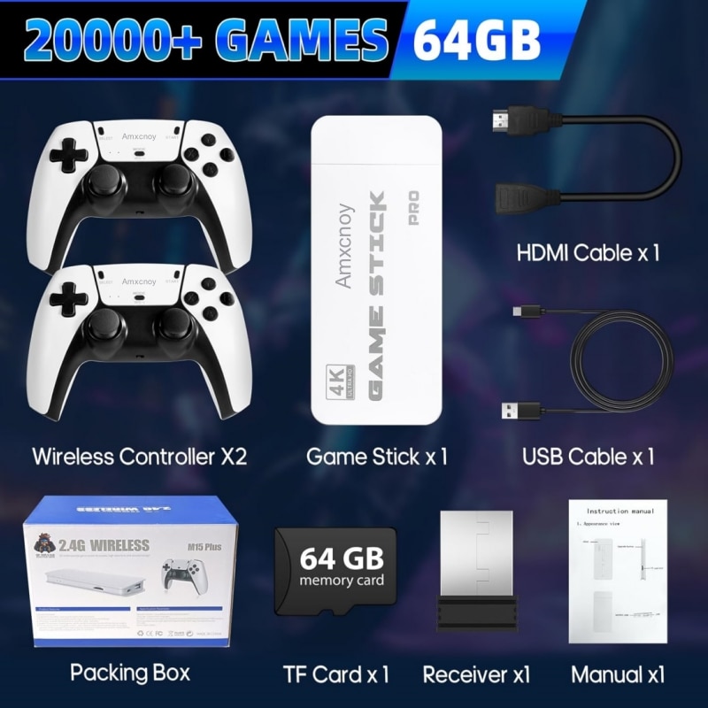 Consola jocuri tip stick, Amxcnoy, Suport 2 jucatori, Cu 2 controler wireless, Iesire HDMI de inalta definitie, USB wireless 2.4 GHz, 64G, 20000 de jocuri incorporate, Operare usoara si de transportat, Plug si Play, Pentru TV, Proiector, Monitor, Alb