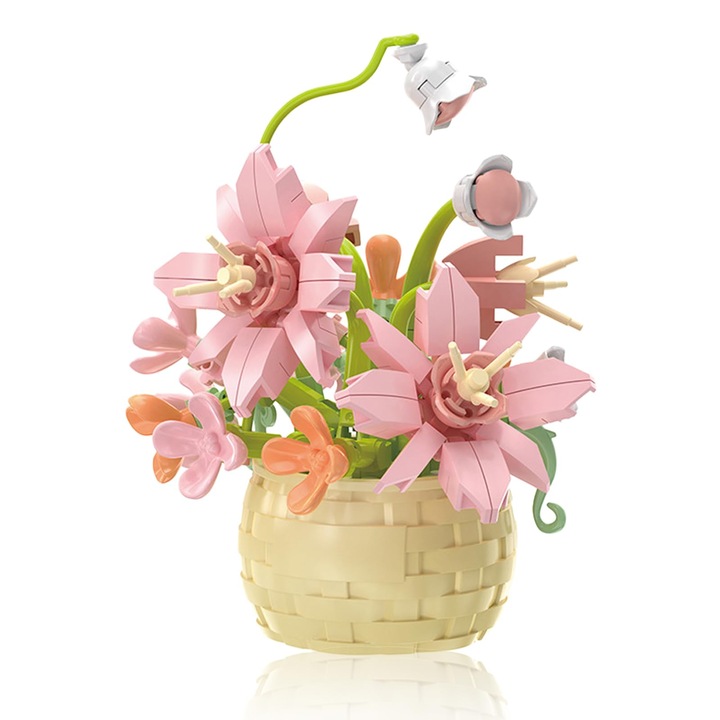 Set de blocuri de constructii cu mini flori, jucarii cu blocuri de flori, plante si jucarii suculente, ghiveci pentru blocuri de constructie, colectie botanica cadou de aniversare pentru fete, adulti, copii cu varsta peste 6 ani, roz, 155 piese