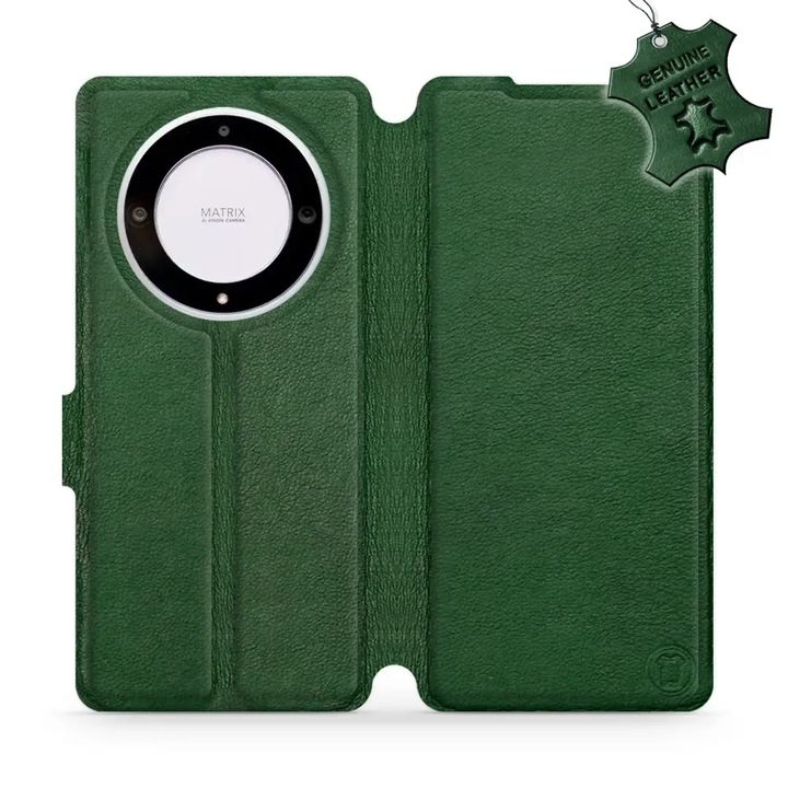 Husa flip din piele naturala MobiWear, set pentru Honor Magic5 Lite 5G, verde, suport, rezistent la socuri