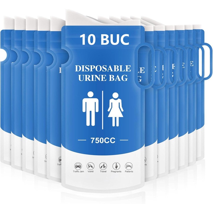 Pungi urinare unisex de urgenta, 10 bucati, capacitate 750ml, impermeabile, 25x13cm, albastre
