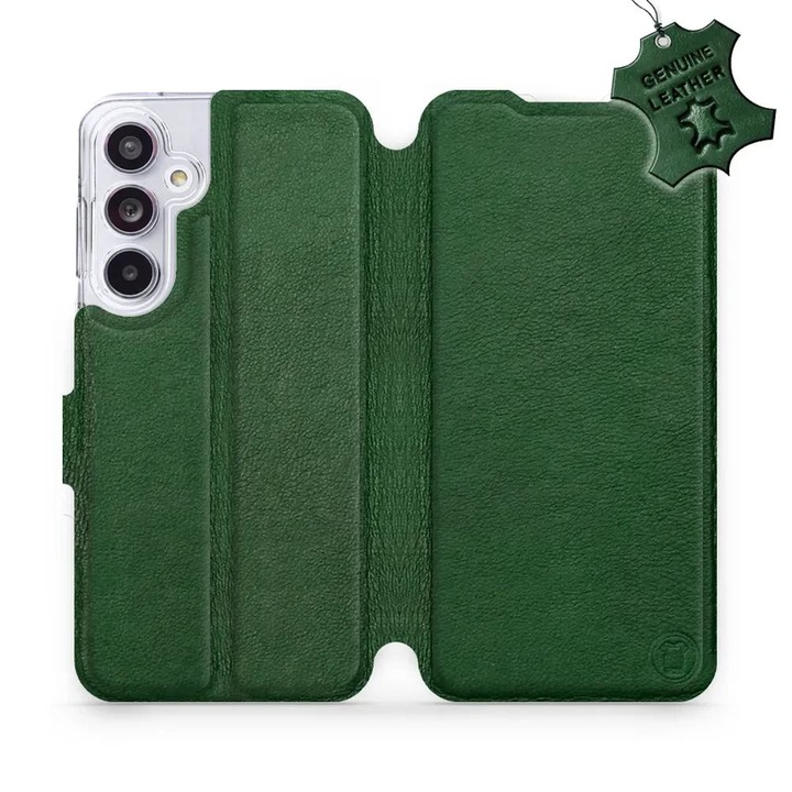 Husa flip din piele naturala MobiWear pentru Samsung Galaxy A55 5G, verde, suport integrat