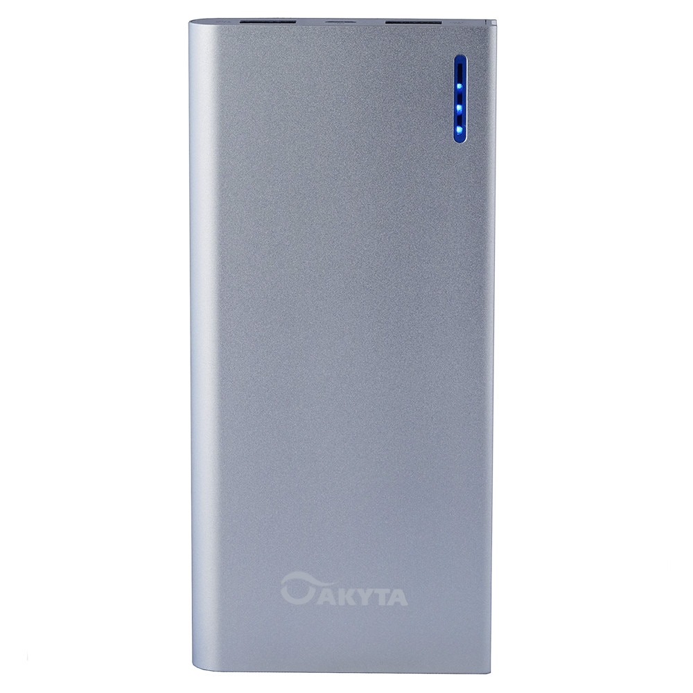 Acumulator extern 12000 mah, Akyta, carcasa eleganta din aluminiu, silver, cu cablu suplimentar iPhone si LED nivel incarcare