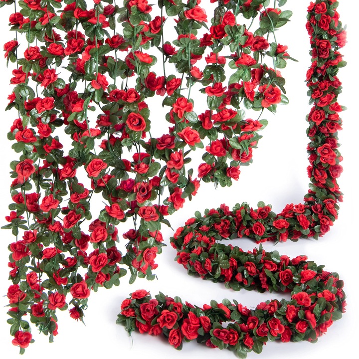 Set 8 Ghirlande de Flori, Plante Artificiale cu Trandafiri Rosii si Frunze Verzi, Decor pentru Camera, Nunta, Aniversare, Craciun