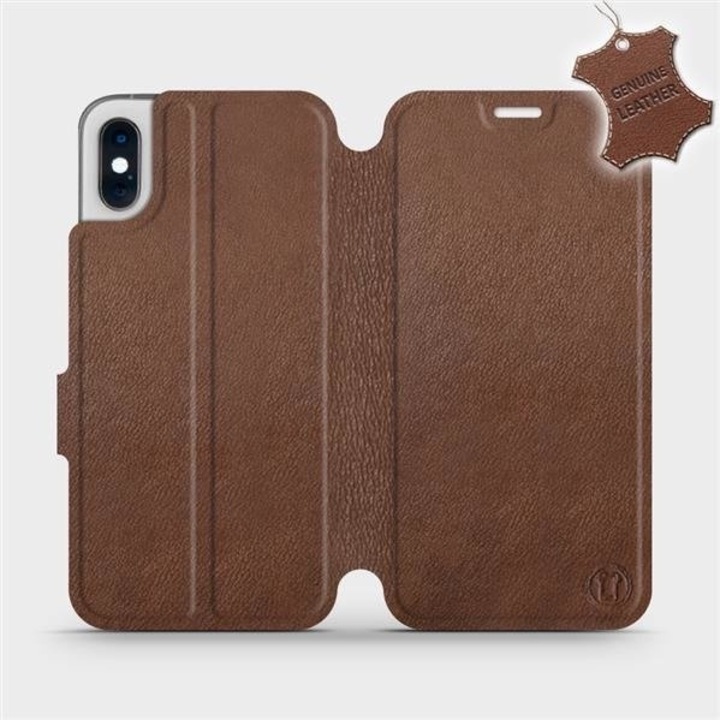 MobiWear természetes bőr flip tok Apple iPhone X-hez, ütés- és karcálló, barna színű