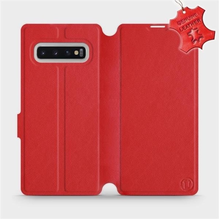 Husa flip din piele naturala MobiWear, rosie, pentru Samsung Galaxy S10 Plus, cu suport si inchidere magnetica