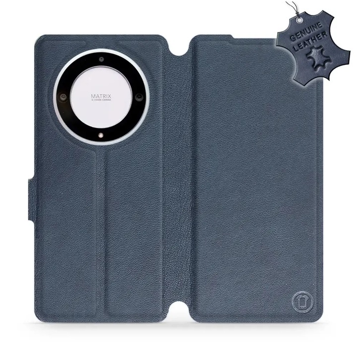 Husa flip din piele naturala MobiWear, albastra, pentru telefon Honor Magic5 Lite 5G, cu suport si inchidere magnetica, set 1 buc.