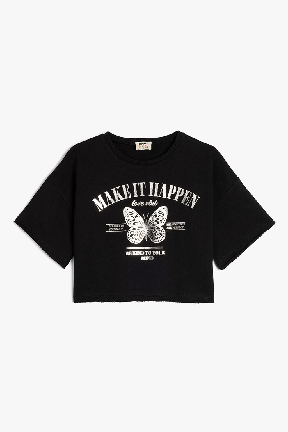 KOTON, Tricou cu decolteu la baza gatului si imprimeu grafic, Negru, Alb murdar, 122-128 CM