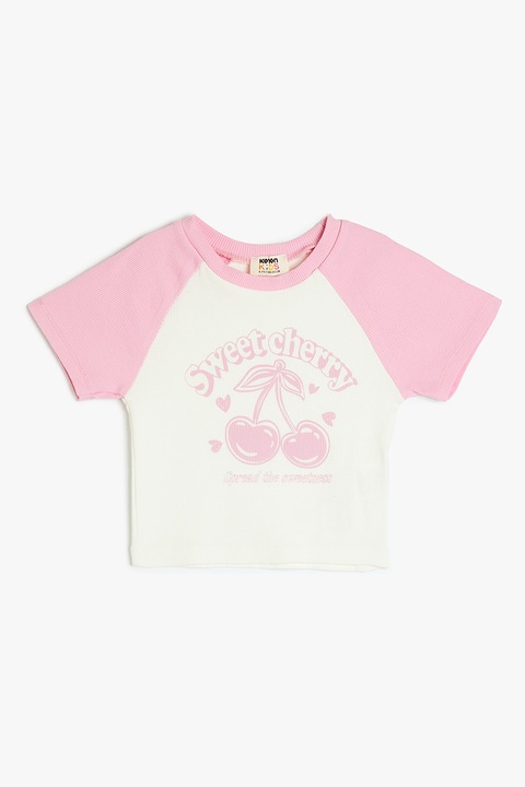 KOTON, Tricou cu decolteu la baza gatului si imprimeu grafic, Alb, Roz pastel, 122-128 CM
