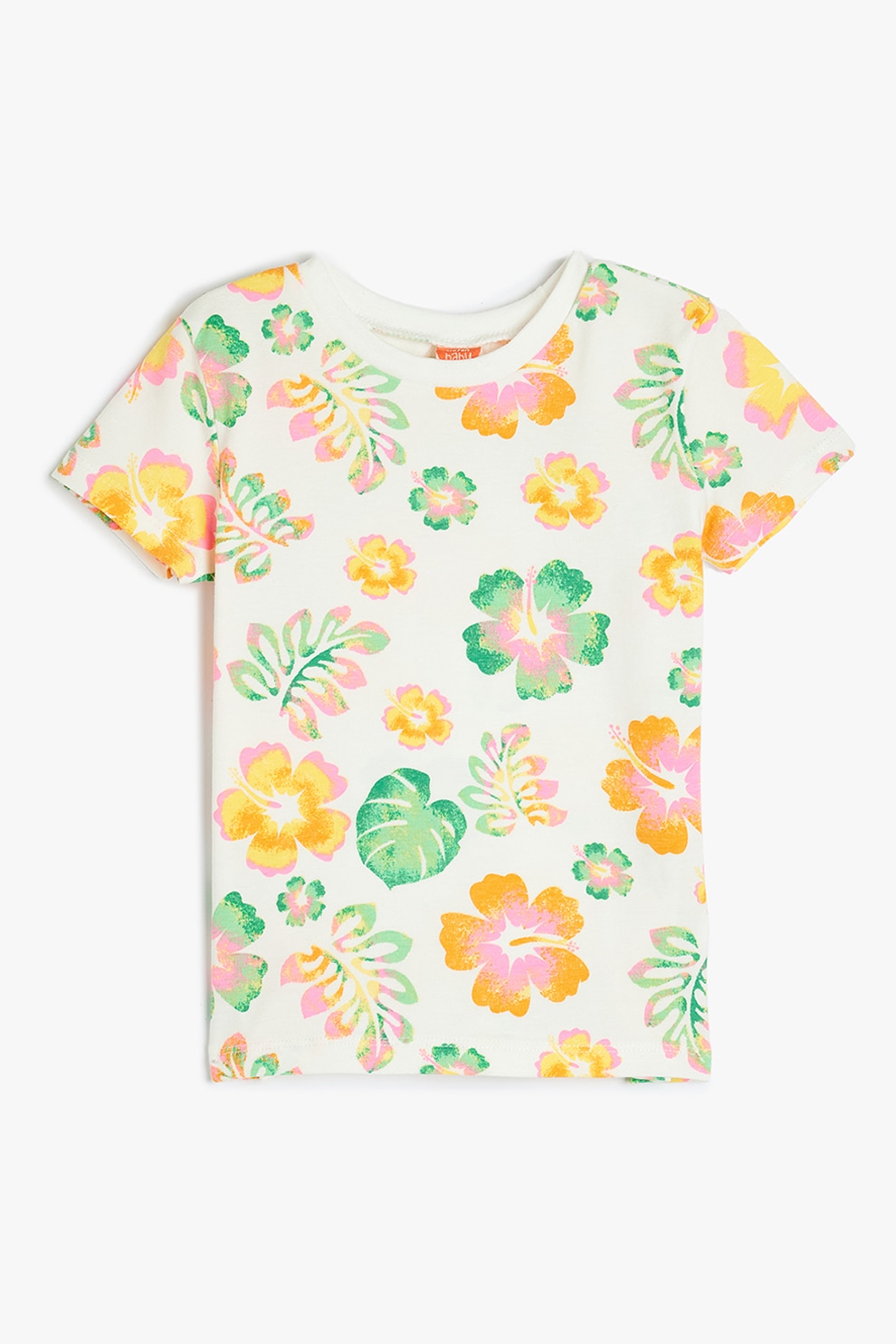 KOTON, Tricou cu model floral, Alb fildes, Portocaliu deschis, Verde deschis, 80-86 CM