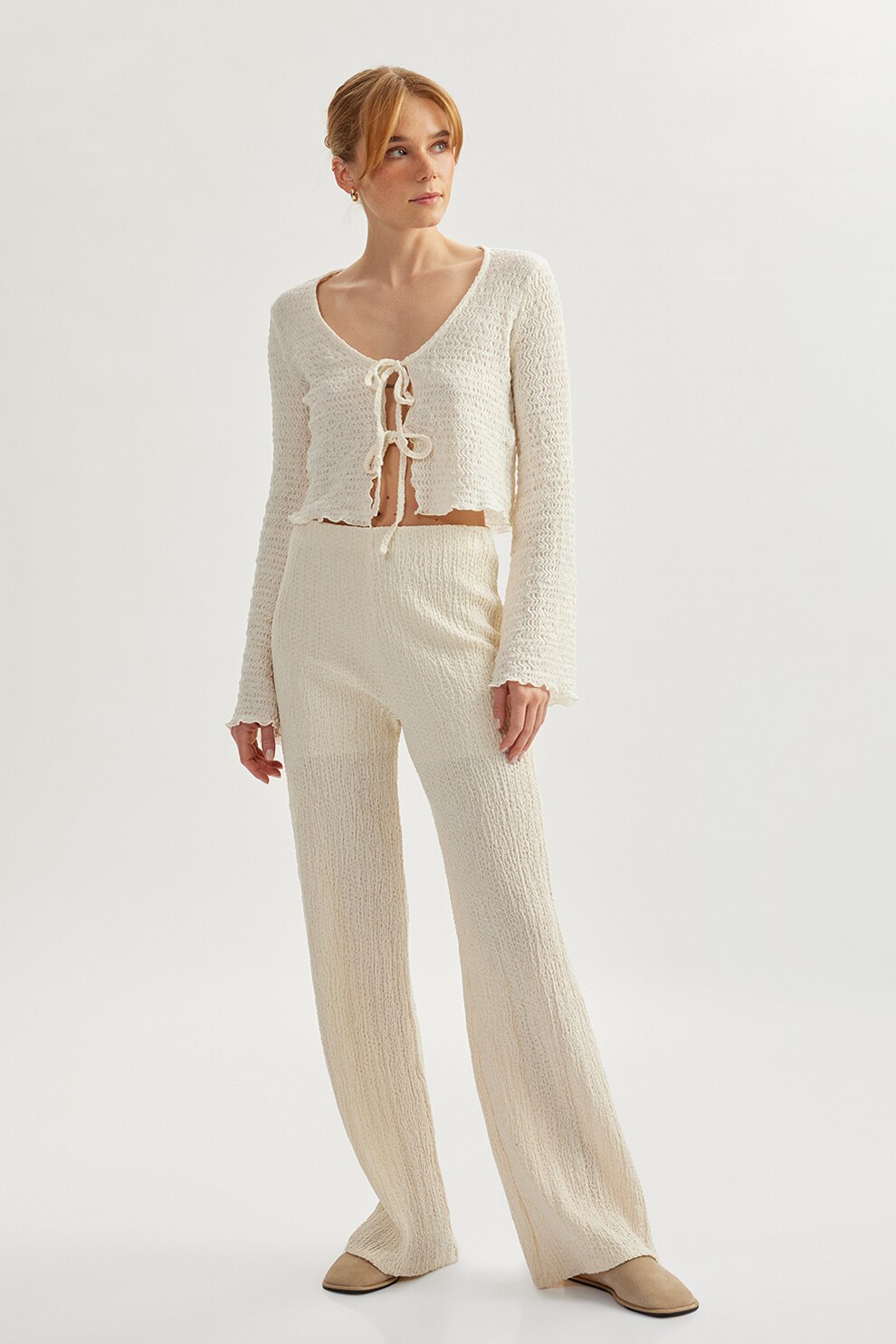KOTON, Pantaloni evazati si texturati, Crem, M