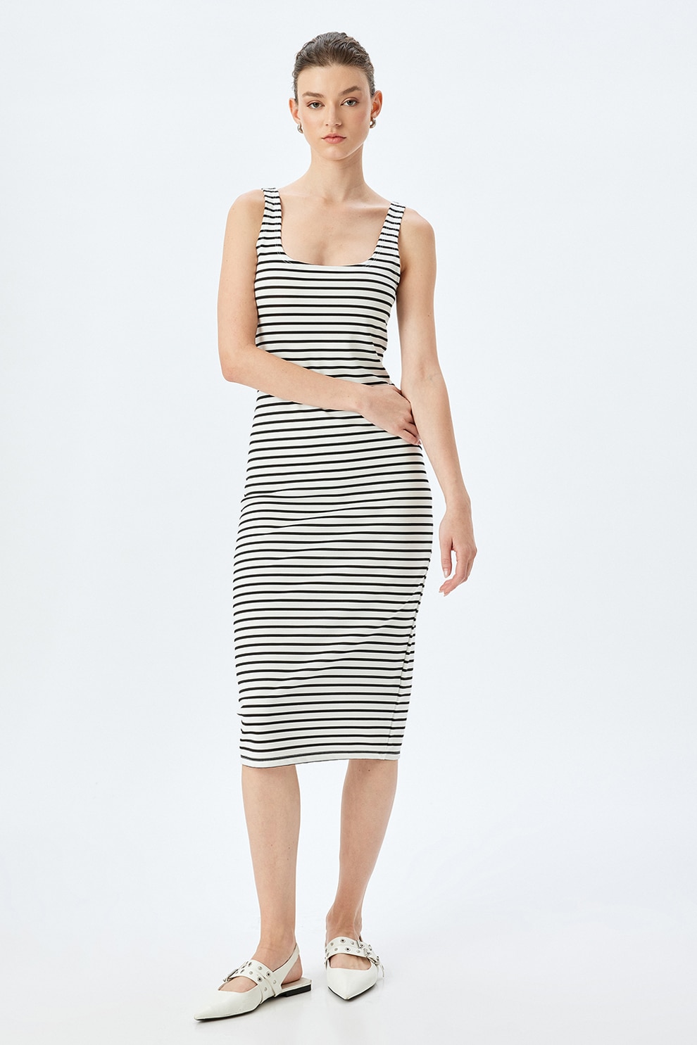 KOTON, Rochie midi cu dungi, Alb, Negru, XS