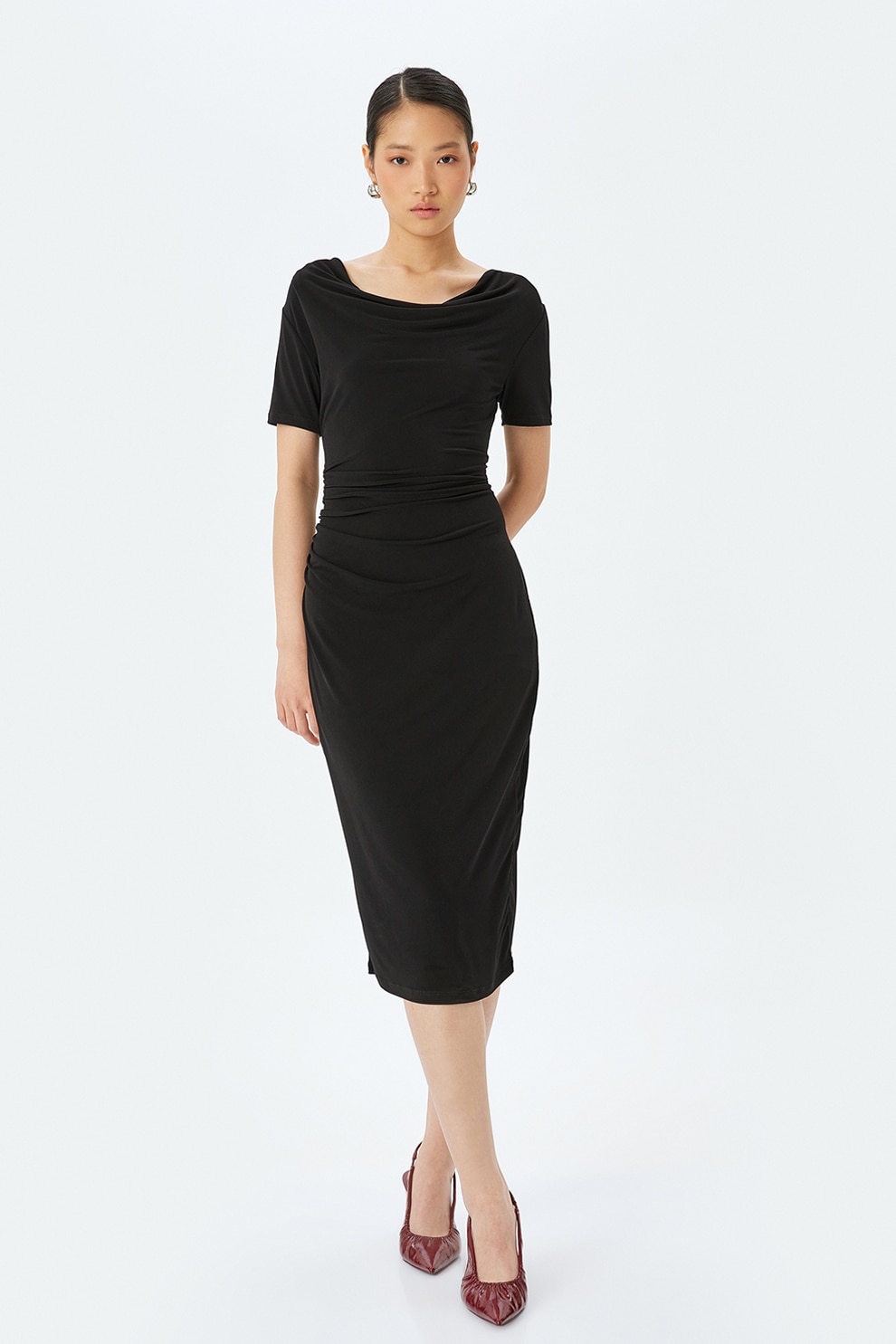 KOTON, Rochie midi cu decolteu drapat, Negru, M