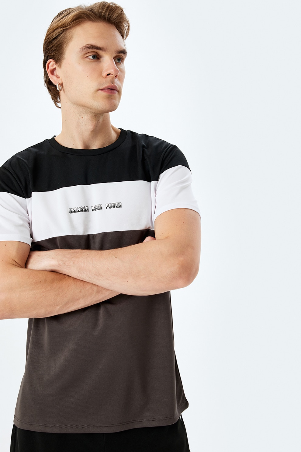 KOTON, Tricou cu decolteu la baza gatului si text, Alb, Negru, Maro fango, S