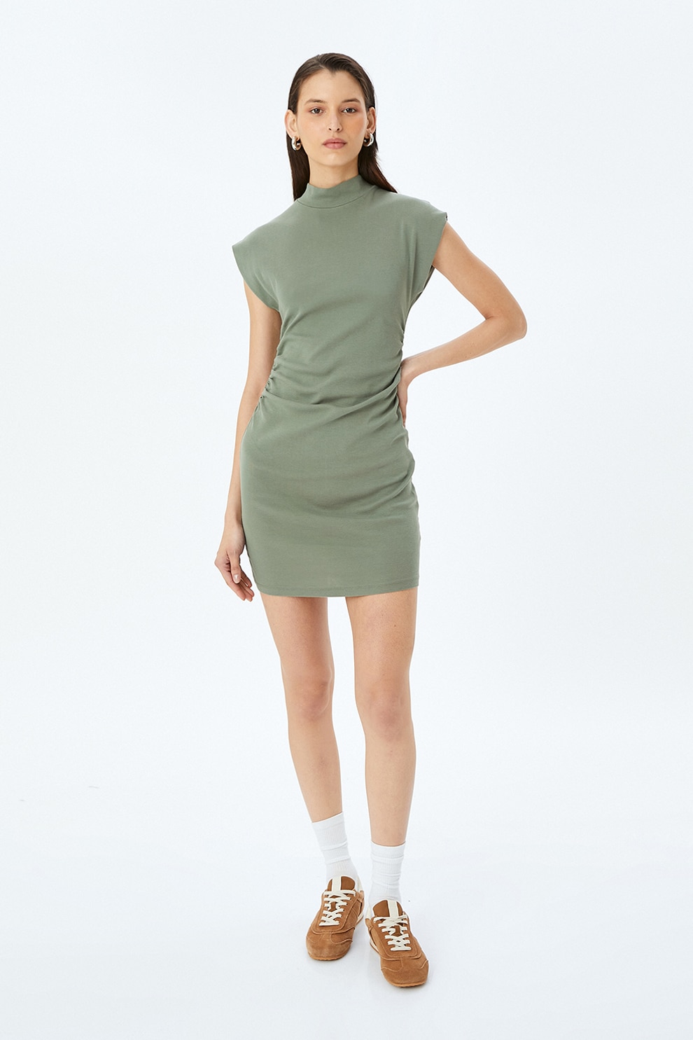 KOTON, Rochie cambrata cu maneci cazute, Verde spranghel, XL