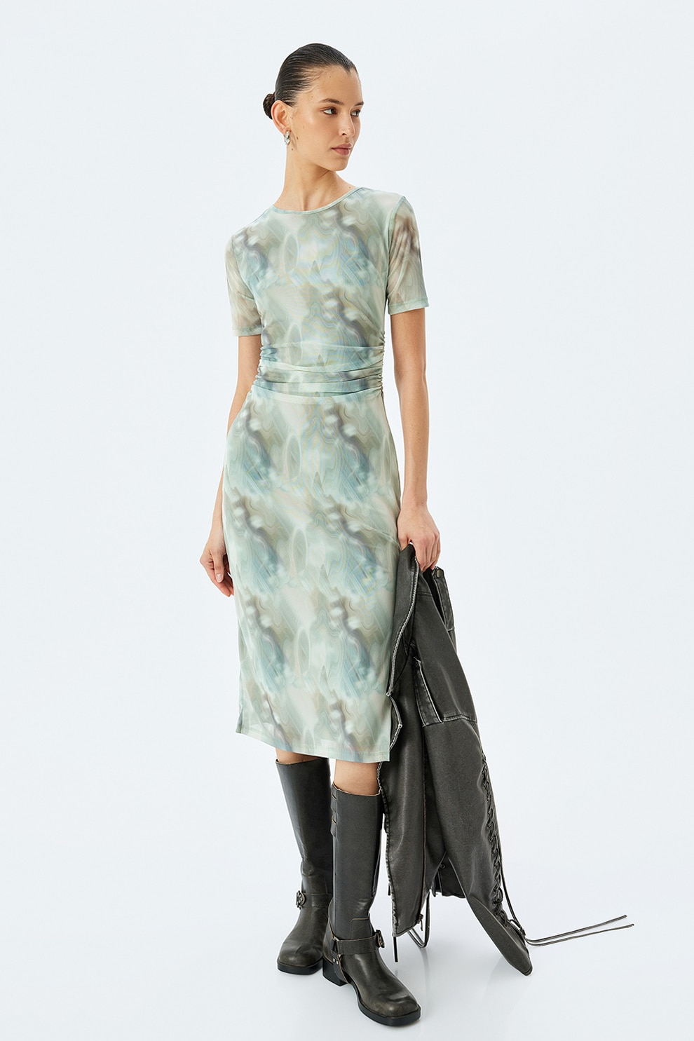 KOTON, Rochie midi cu model si slit lateral, Alb fildes, Verde pal, L