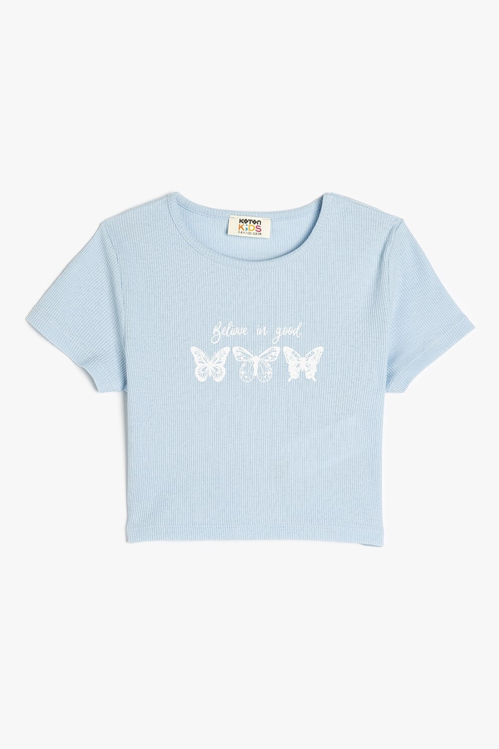 KOTON, Tricou crop cu imprimeu text, Albastru glaciar, 116-122 CM